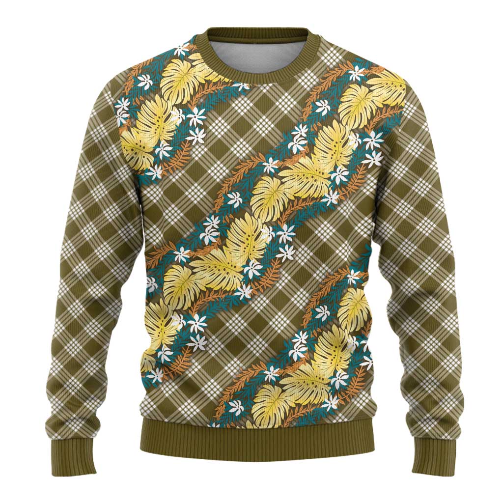 Polynesian Monstera Tiare Floral Ugly Christmas Sweater Yellow Tropical Plaid - Polynesian Pride