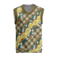 Polynesian Monstera Tiare Floral Christmas Knitted V-Neck Vest Yellow Tropical Plaid - Polynesian Pride