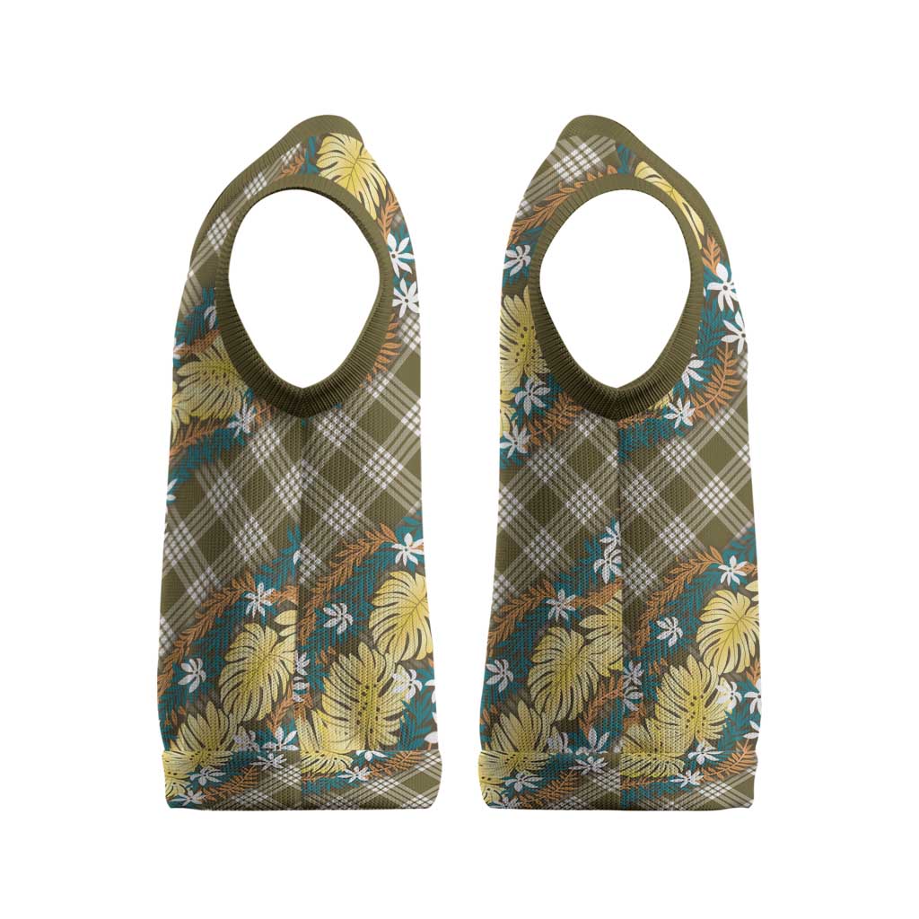 Polynesian Monstera Tiare Floral Christmas Knitted V-Neck Vest Yellow Tropical Plaid - Polynesian Pride