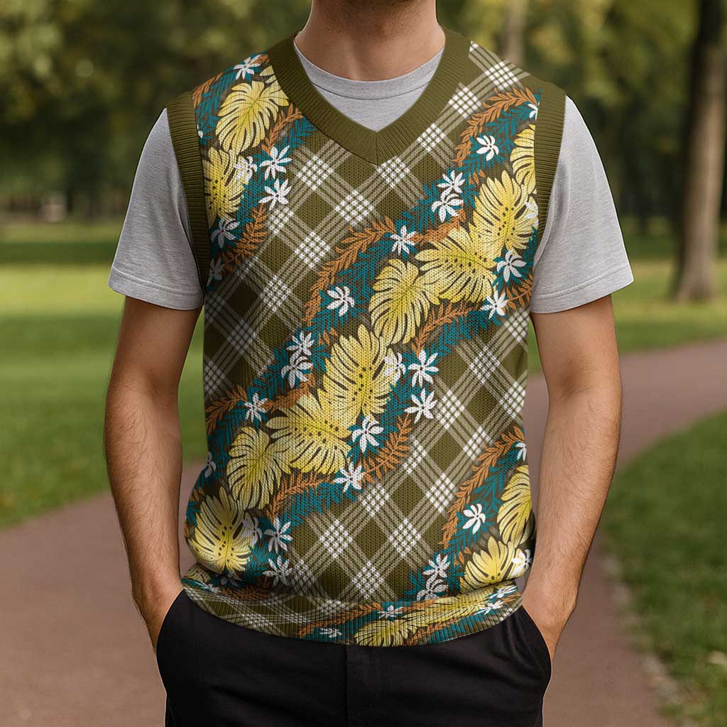 Polynesian Monstera Tiare Floral Christmas Knitted V-Neck Vest Yellow Tropical Plaid - Polynesian Pride