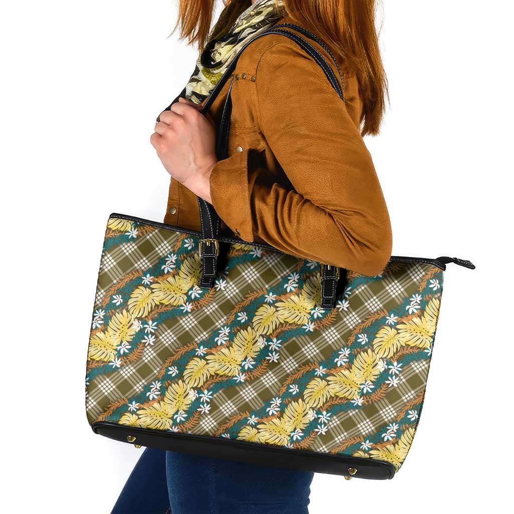 Polynesian Monstera Tiare Floral Leather Tote Bag Yellow Tropical Plaid - Polynesian Pride