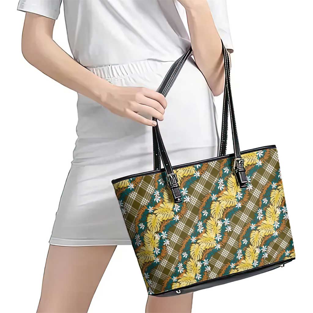 Polynesian Monstera Tiare Floral Leather Tote Bag Yellow Tropical Plaid - Polynesian Pride