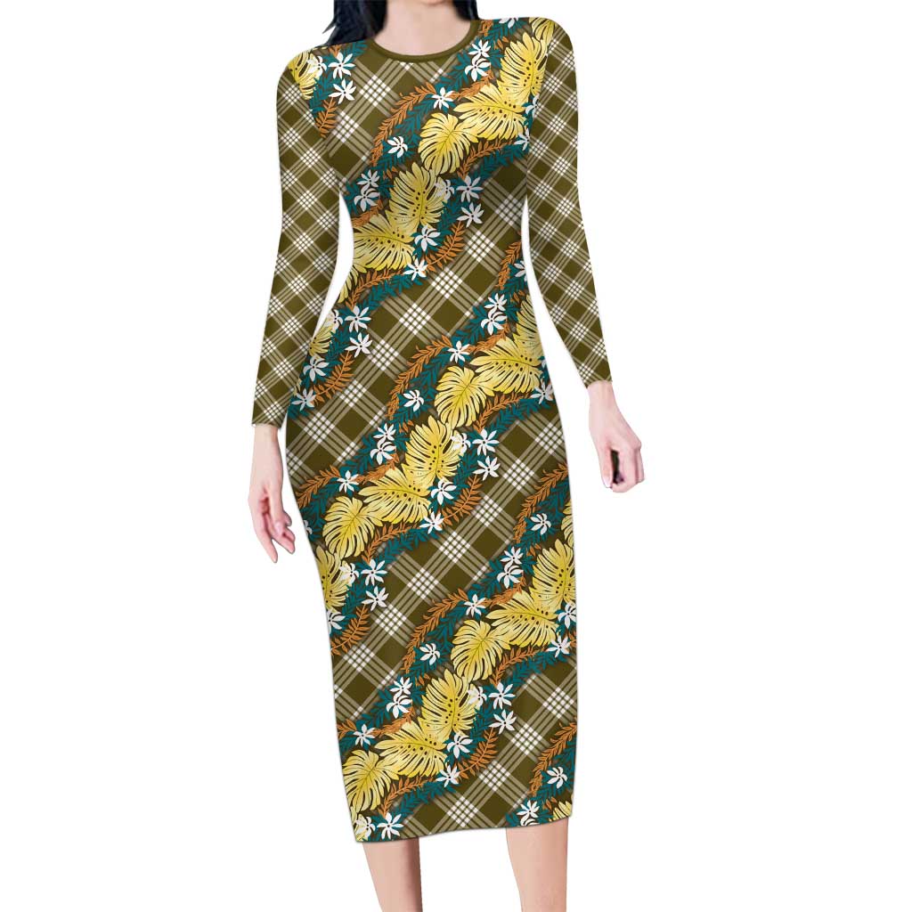 Polynesian Monstera Tiare Floral Long Sleeve Bodycon Dress Yellow Tropical Plaid LT01 Long Dress Yellow - Polynesian Pride