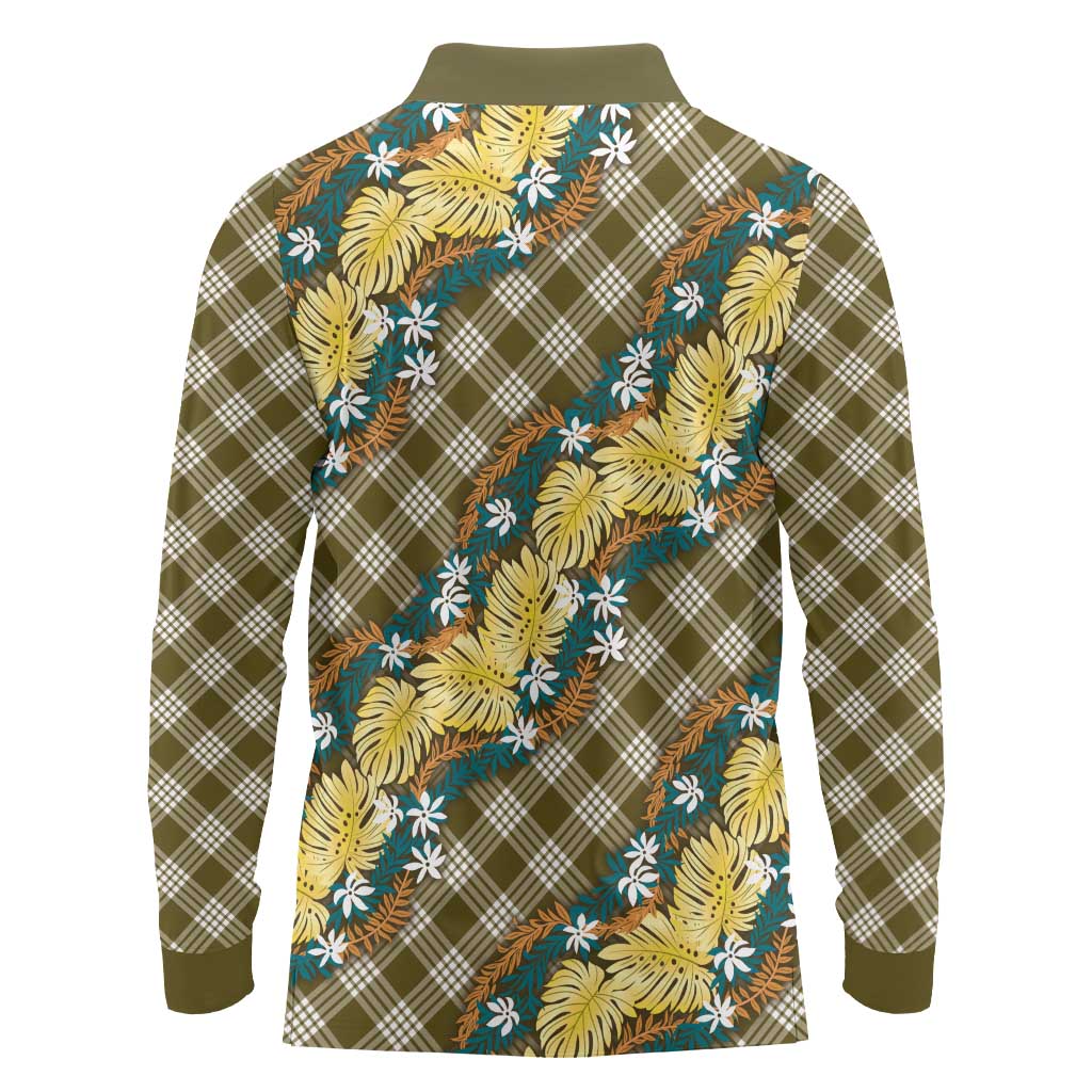 Polynesian Monstera Tiare Floral Long Sleeve Polo Shirt Yellow Tropical Plaid - Polynesian Pride