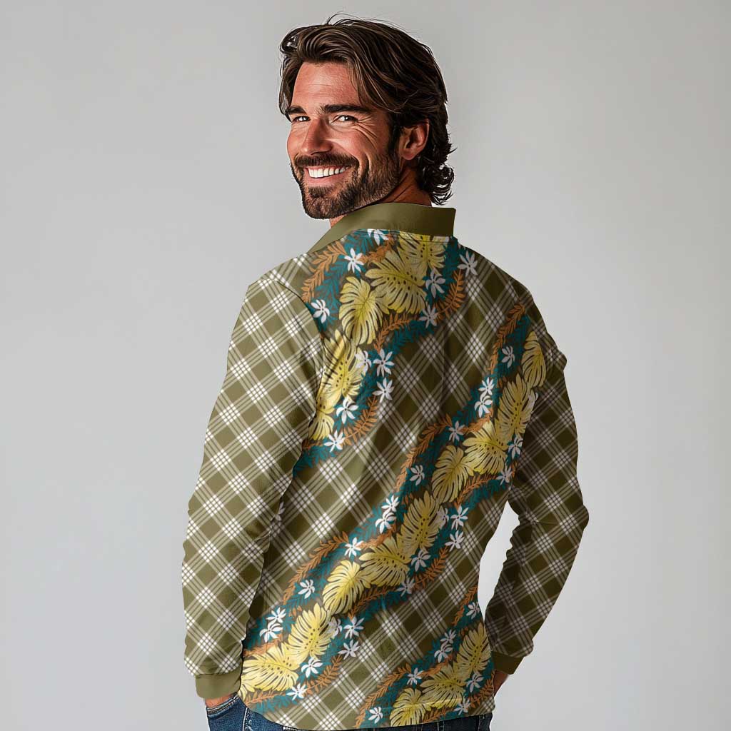Polynesian Monstera Tiare Floral Long Sleeve Polo Shirt Yellow Tropical Plaid - Polynesian Pride