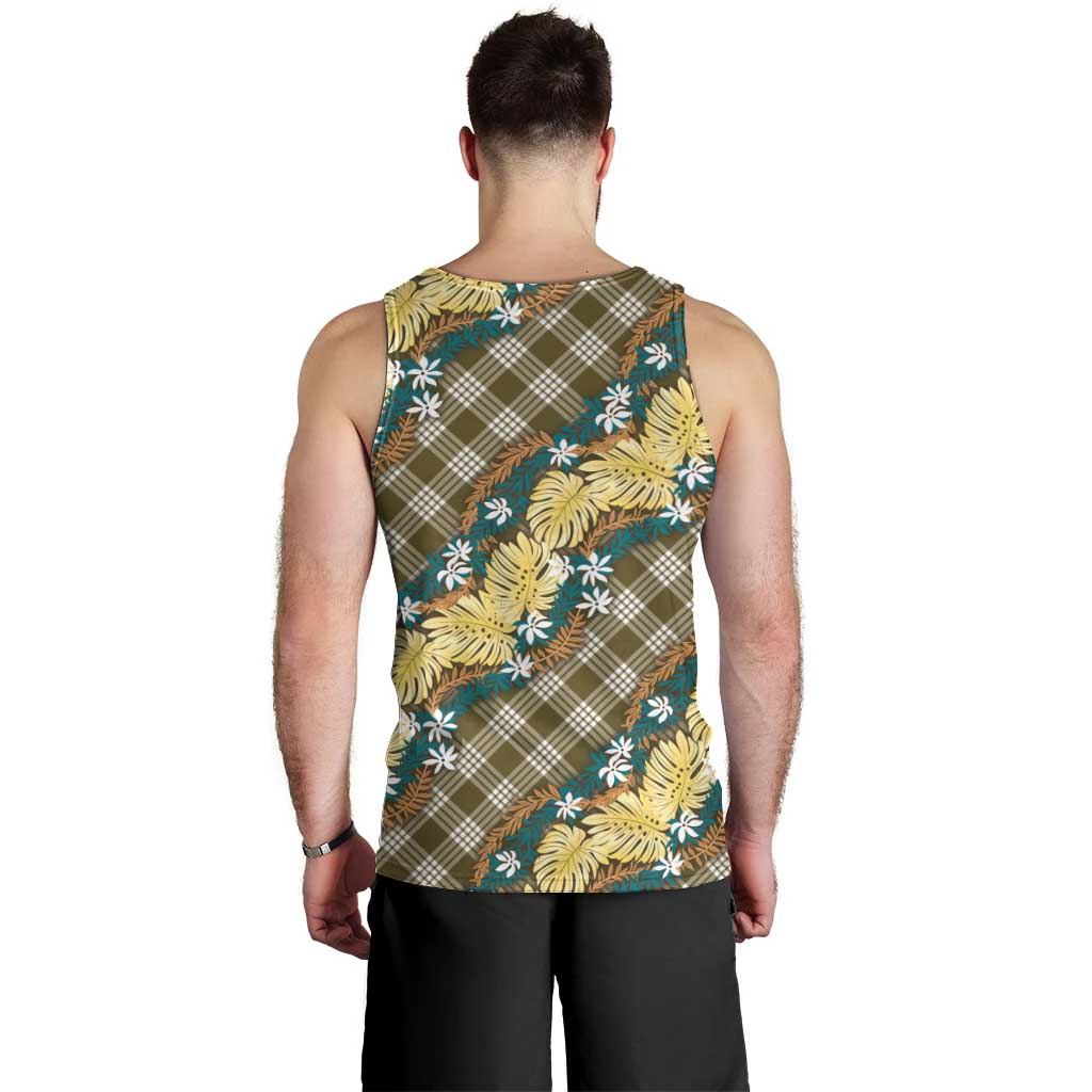 Polynesian Monstera Tiare Floral Men Tank Top Yellow Tropical Plaid - Polynesian Pride