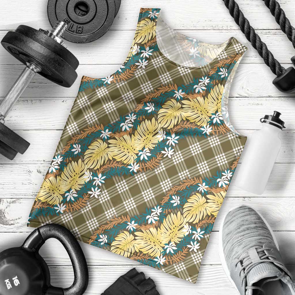 Polynesian Monstera Tiare Floral Men Tank Top Yellow Tropical Plaid - Polynesian Pride