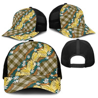 Polynesian Monstera Tiare Floral Mesh Trucker Cap Yellow Tropical Plaid - Polynesian Pride