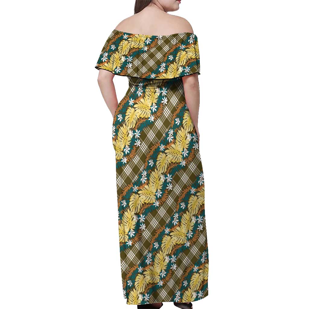 Polynesian Monstera Tiare Floral Off Shoulder Maxi Dress Yellow Tropical Plaid - Polynesian Pride