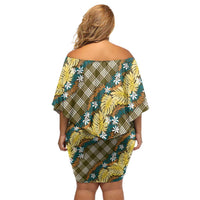 Polynesian Monstera Tiare Floral Off Shoulder Short Dress Yellow Tropical Plaid - Polynesian Pride