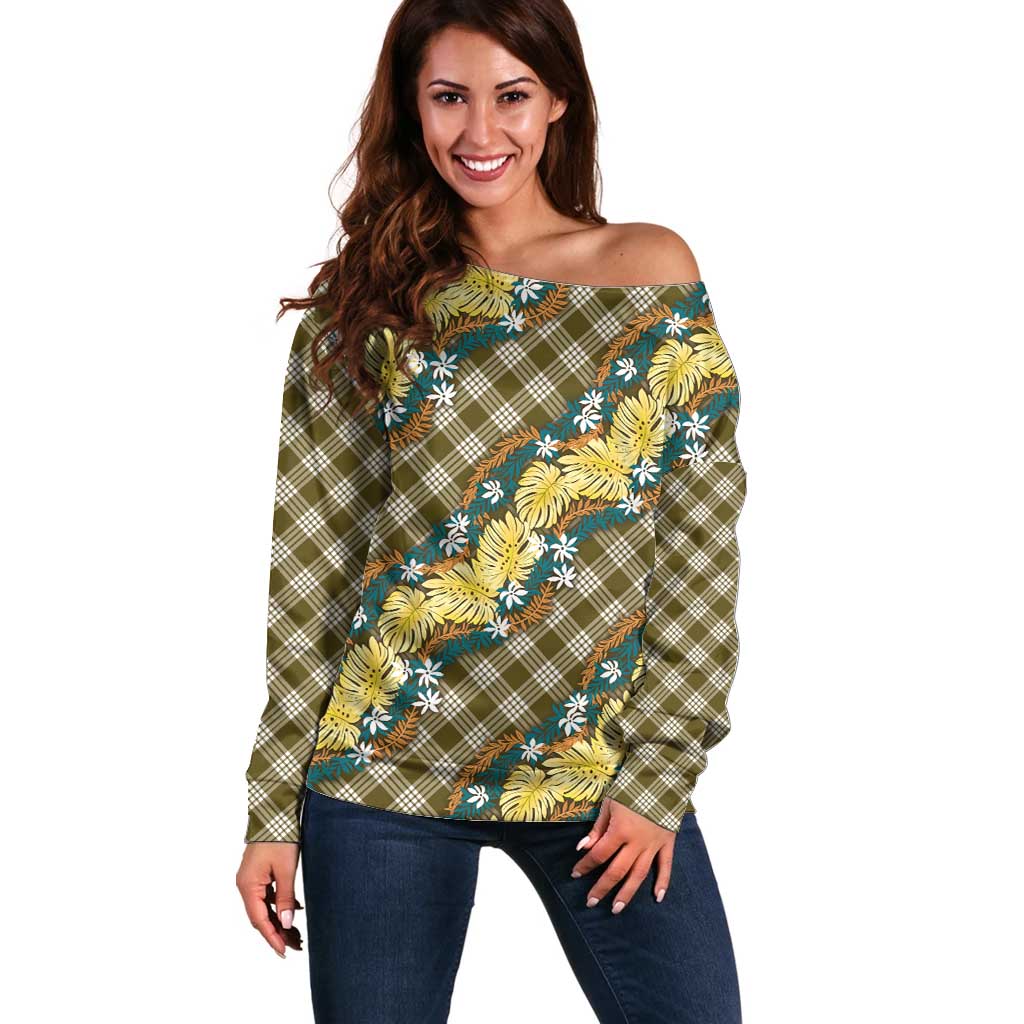 Polynesian Monstera Tiare Floral Off Shoulder Sweater Yellow Tropical Plaid LT01 Women Yellow - Polynesian Pride
