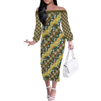 Polynesian Monstera Tiare Floral Off The Shoulder Long Sleeve Dress Yellow Tropical Plaid - Polynesian Pride