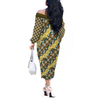 Polynesian Monstera Tiare Floral Off The Shoulder Long Sleeve Dress Yellow Tropical Plaid - Polynesian Pride