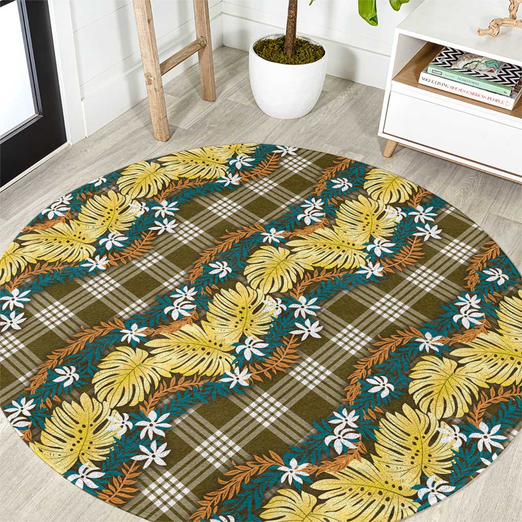 Polynesian Monstera Tiare Floral Round Carpet Yellow Tropical Plaid - Polynesian Pride