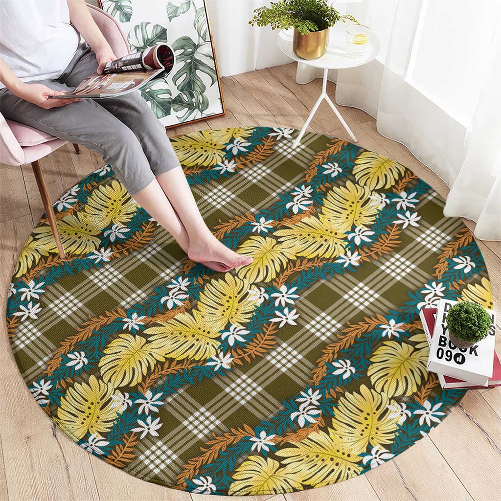 Polynesian Monstera Tiare Floral Round Carpet Yellow Tropical Plaid - Polynesian Pride