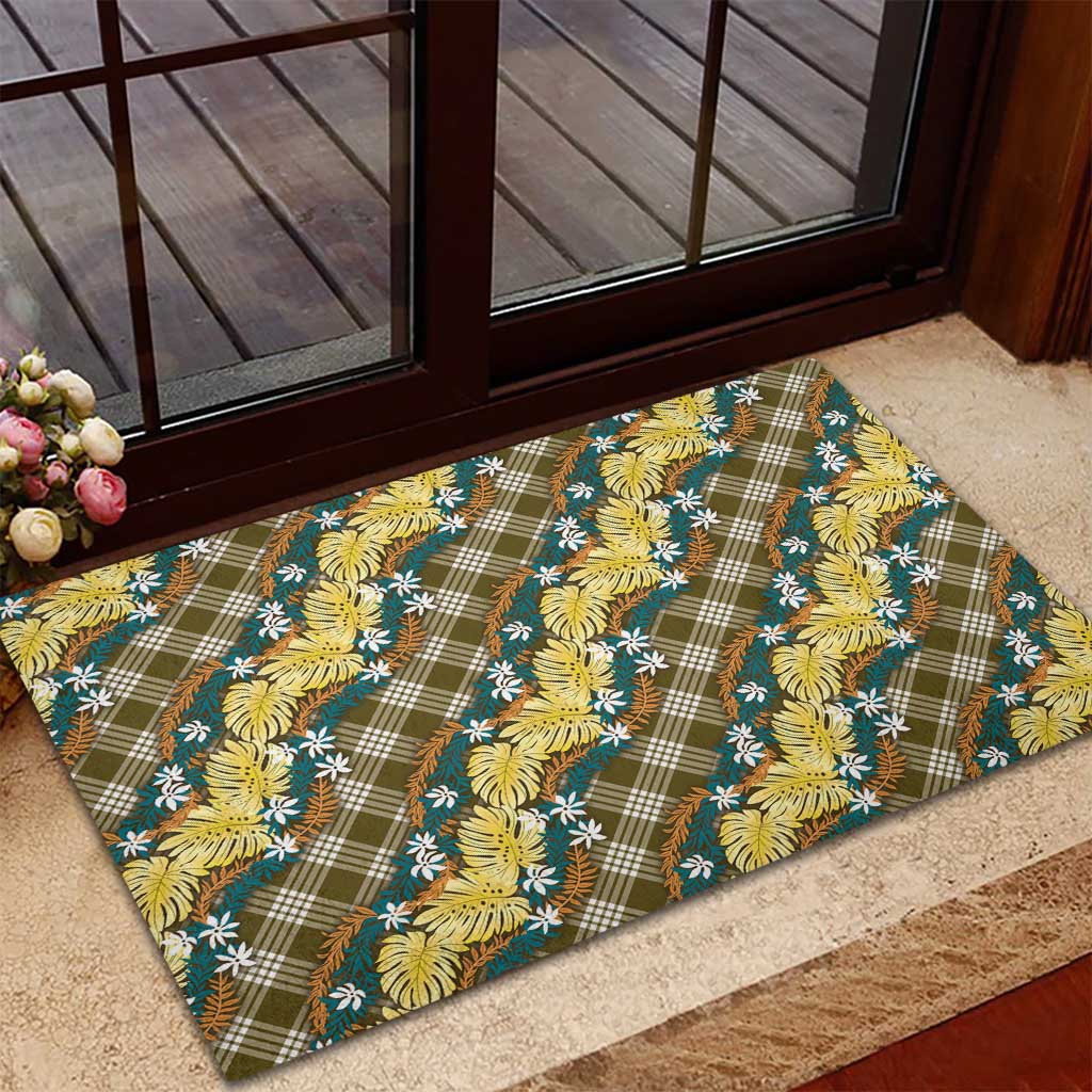 Polynesian Monstera Tiare Floral Rubber Doormat Yellow Tropical Plaid - Polynesian Pride