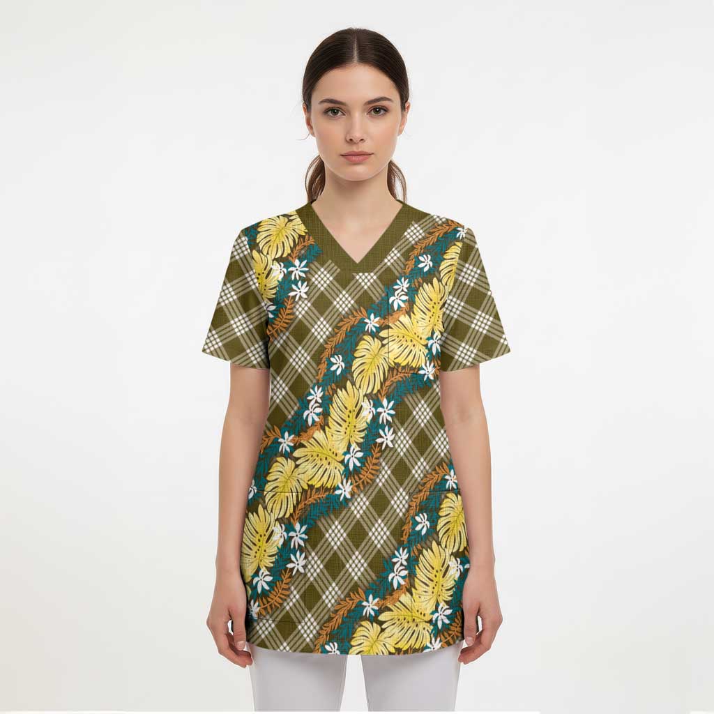 Polynesian Monstera Tiare Floral Scrub Top Yellow Tropical Plaid - Polynesian Pride