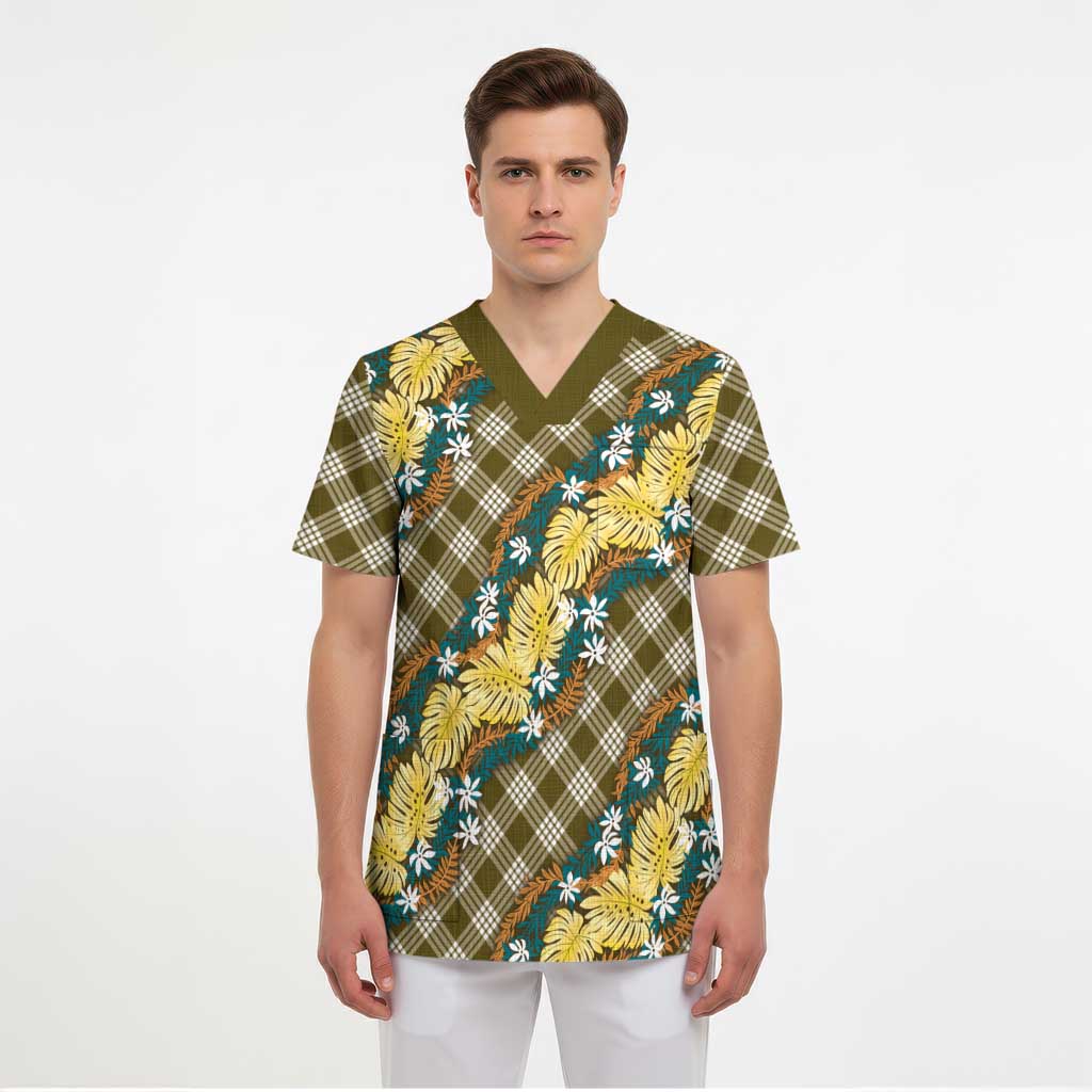 Polynesian Monstera Tiare Floral Scrub Top Yellow Tropical Plaid - Polynesian Pride