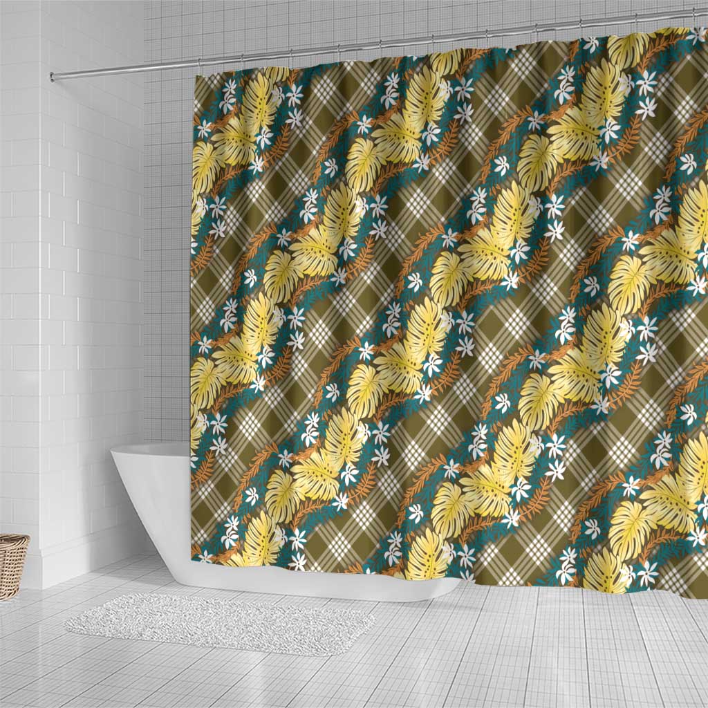 Polynesian Monstera Tiare Floral Shower Curtain Yellow Tropical Plaid - Polynesian Pride