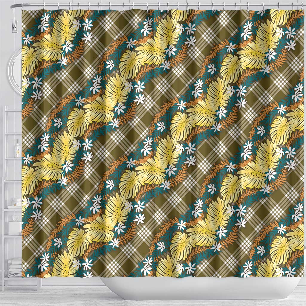 Polynesian Monstera Tiare Floral Shower Curtain Yellow Tropical Plaid - Polynesian Pride