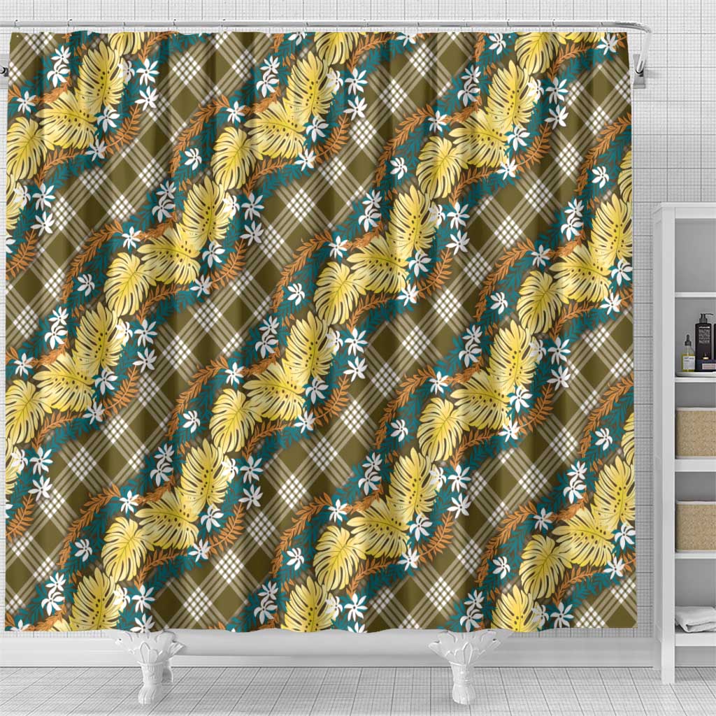 Polynesian Monstera Tiare Floral Shower Curtain Yellow Tropical Plaid - Polynesian Pride