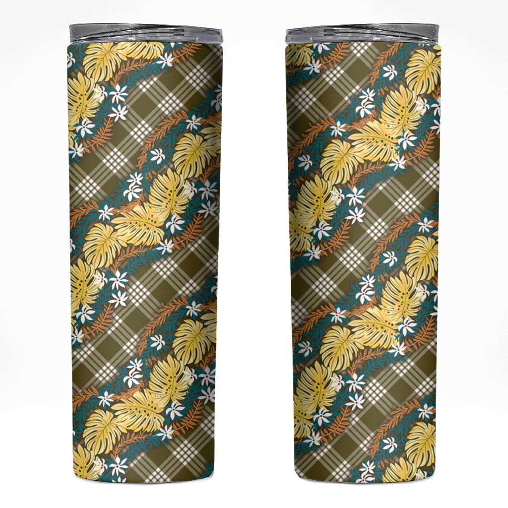 Polynesian Monstera Tiare Floral Skinny Tumbler Yellow Tropical Plaid - Polynesian Pride