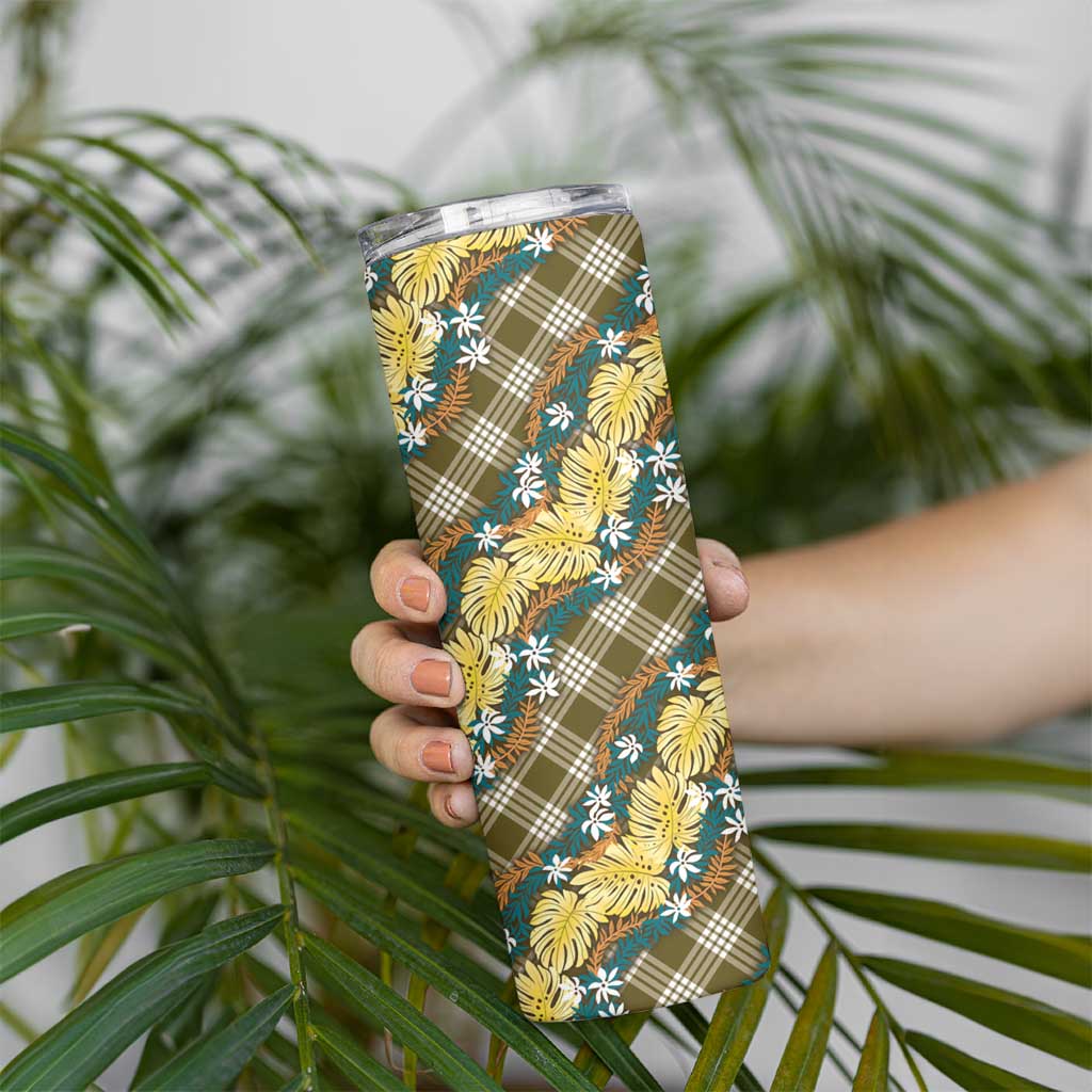 Polynesian Monstera Tiare Floral Skinny Tumbler Yellow Tropical Plaid - Polynesian Pride