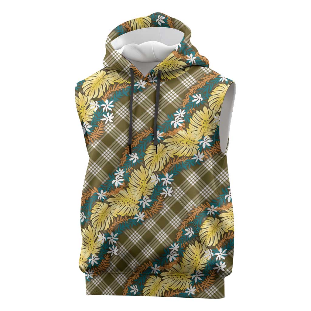 Polynesian Monstera Tiare Floral Sleeveless Hoodie Yellow Tropical Plaid - Polynesian Pride
