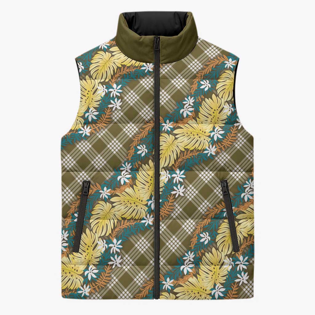 Polynesian Monstera Tiare Floral Sleeveless Puffer Jacket Yellow Tropical Plaid - Polynesian Pride