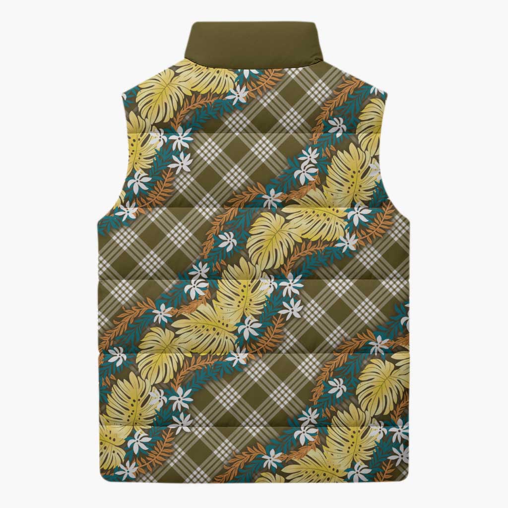 Polynesian Monstera Tiare Floral Sleeveless Puffer Jacket Yellow Tropical Plaid - Polynesian Pride