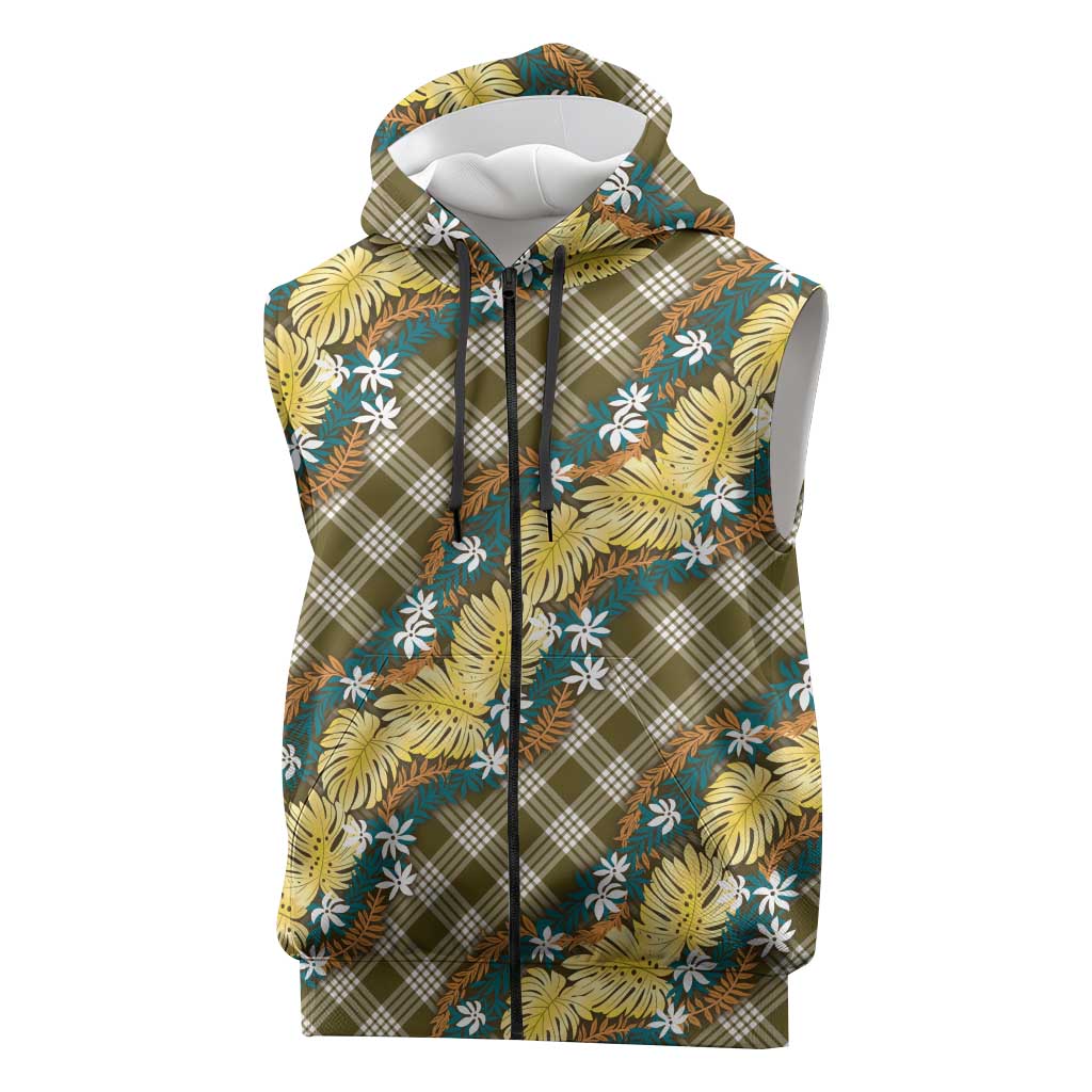 Polynesian Monstera Tiare Floral Sleeveless Zip Hoodie Yellow Tropical Plaid - Polynesian Pride