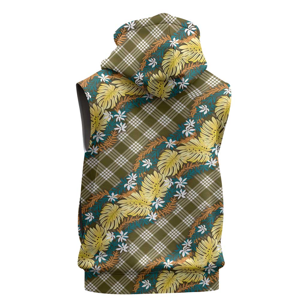 Polynesian Monstera Tiare Floral Sleeveless Zip Hoodie Yellow Tropical Plaid - Polynesian Pride