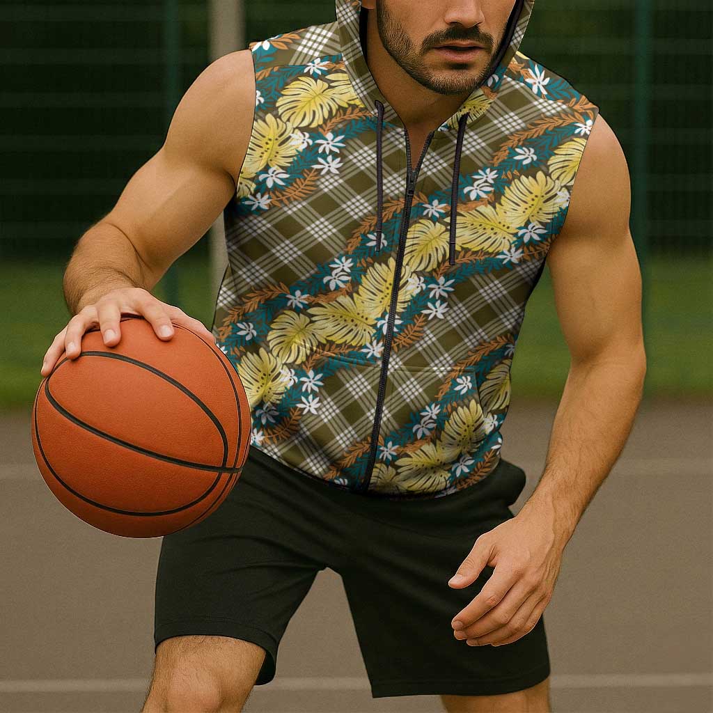 Polynesian Monstera Tiare Floral Sleeveless Zip Hoodie Yellow Tropical Plaid - Polynesian Pride