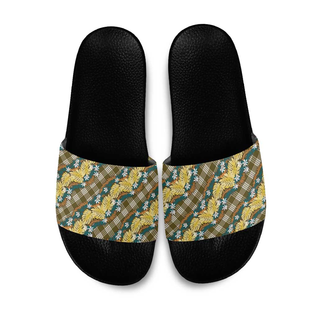 Polynesian Monstera Tiare Floral Slide Sandals Yellow Tropical Plaid - Polynesian Pride