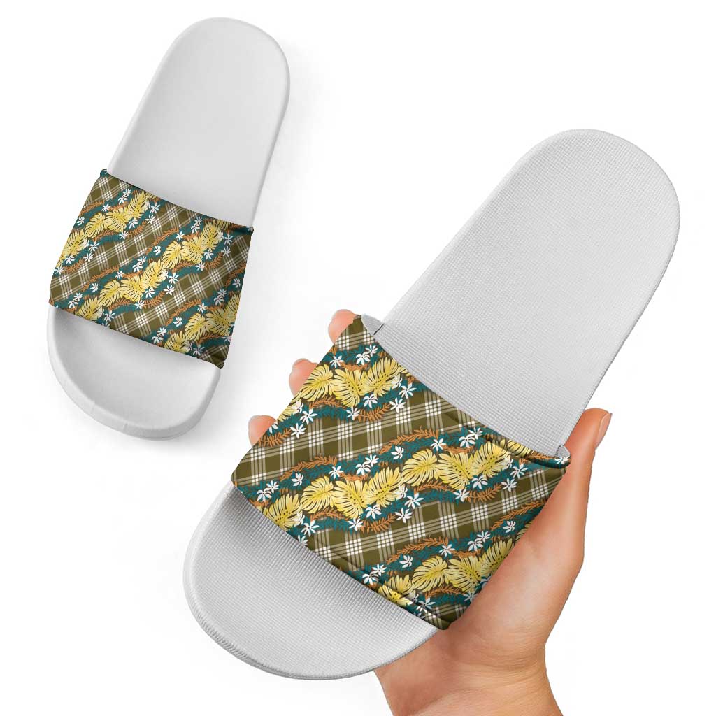 Polynesian Monstera Tiare Floral Slide Sandals Yellow Tropical Plaid - Polynesian Pride