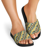 Polynesian Monstera Tiare Floral Slide Sandals Yellow Tropical Plaid - Polynesian Pride