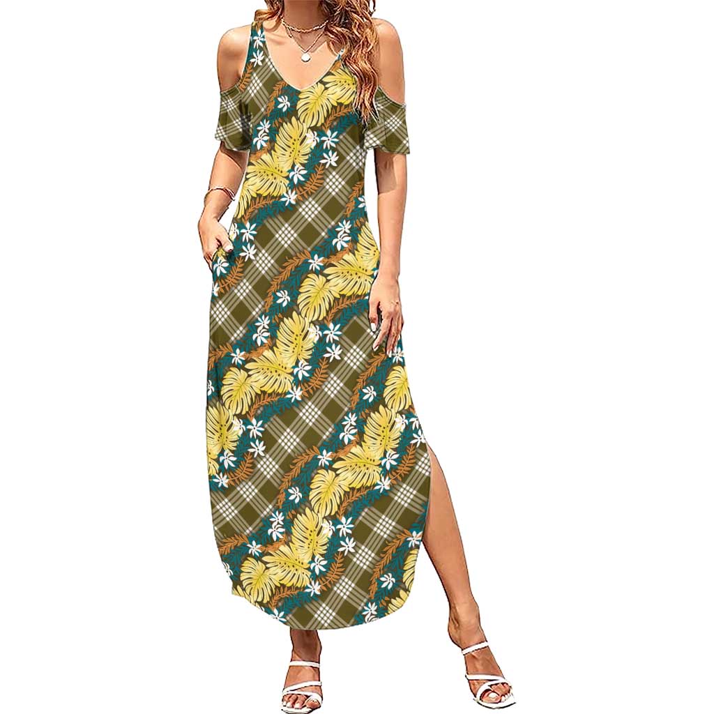 Polynesian Monstera Tiare Floral Summer Maxi Dress Yellow Tropical Plaid - Polynesian Pride