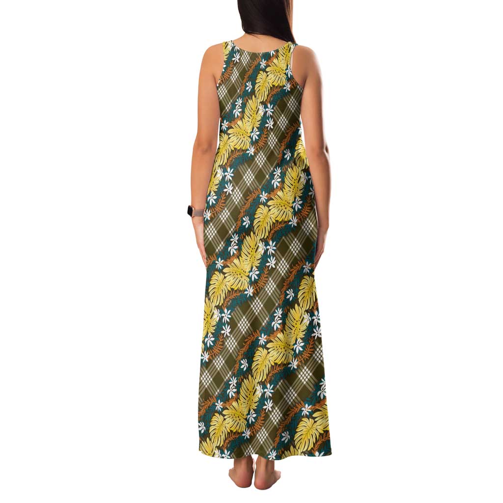 Polynesian Monstera Tiare Floral Tank Maxi Dress Yellow Tropical Plaid - Polynesian Pride