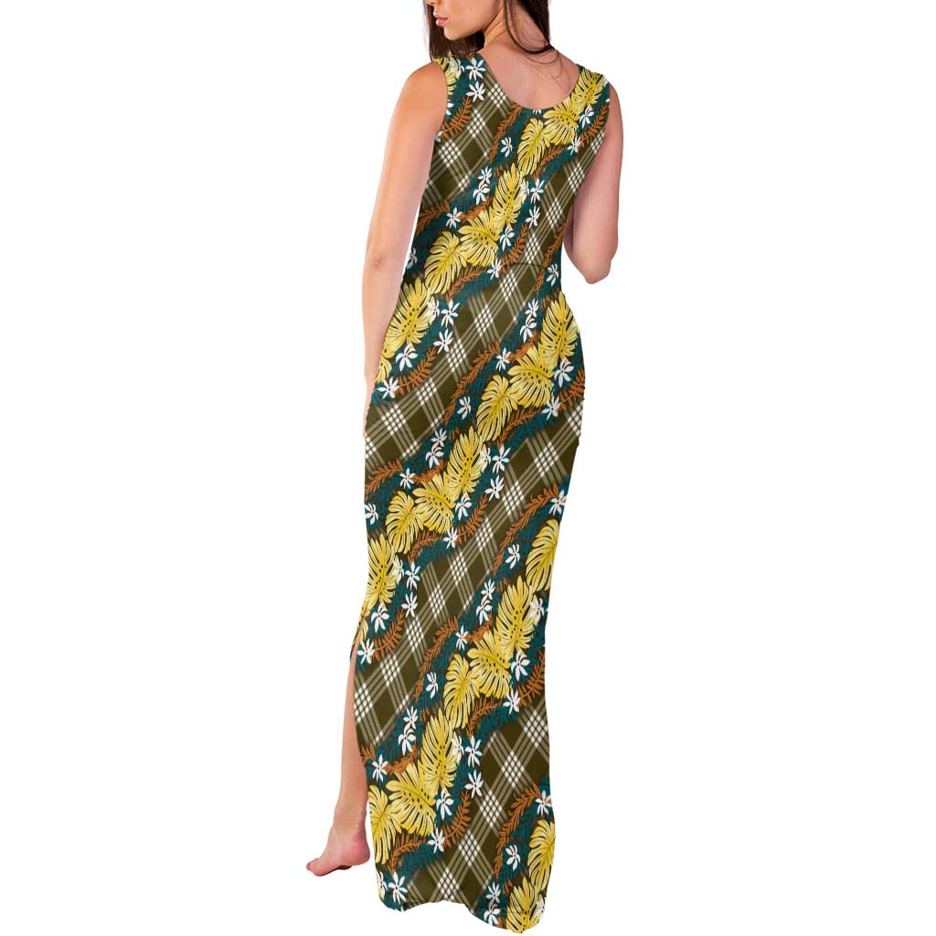 Polynesian Monstera Tiare Floral Tank Maxi Dress Yellow Tropical Plaid - Polynesian Pride