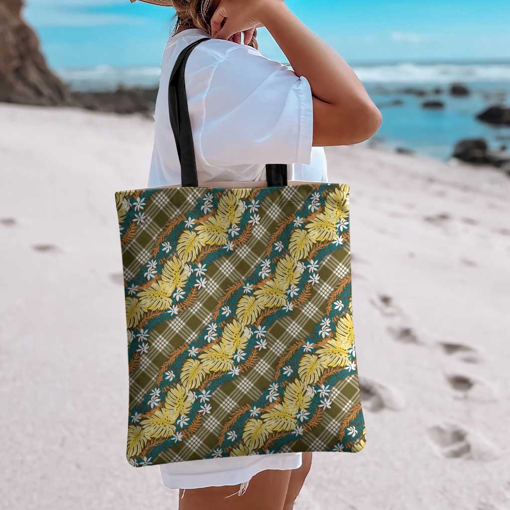Polynesian Monstera Tiare Floral Tote Bag Yellow Tropical Plaid - Polynesian Pride