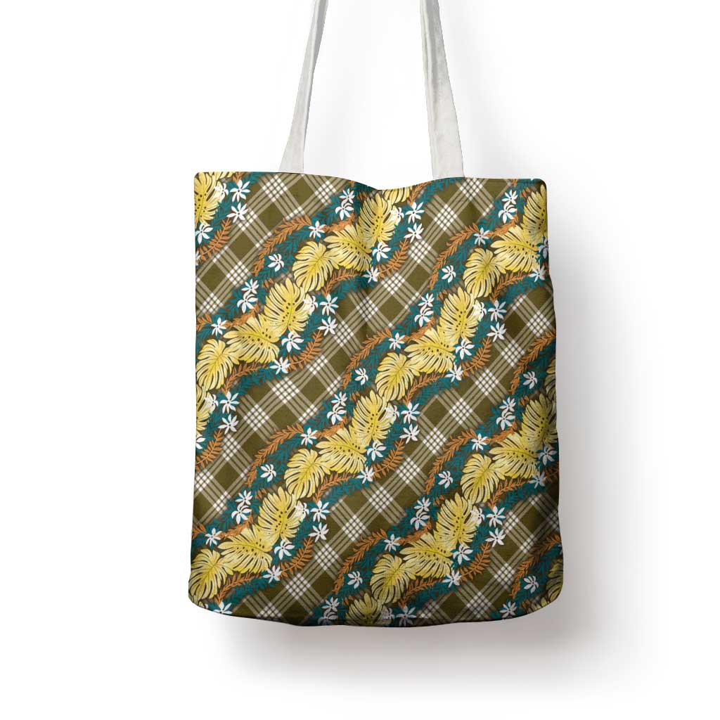 Polynesian Monstera Tiare Floral Tote Bag Yellow Tropical Plaid - Polynesian Pride