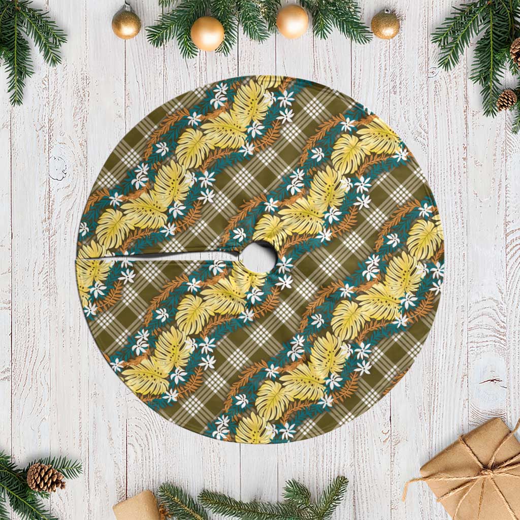 Polynesian Monstera Tiare Floral Tree Skirt Yellow Tropical Plaid - Polynesian Pride