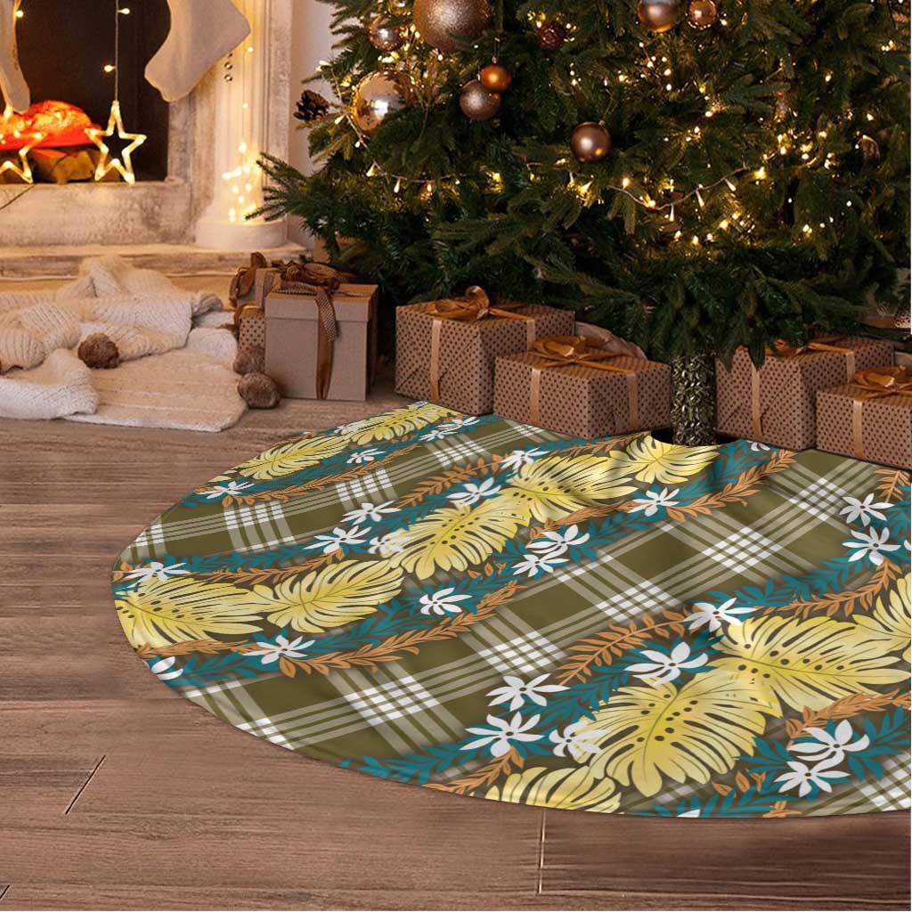 Polynesian Monstera Tiare Floral Tree Skirt Yellow Tropical Plaid - Polynesian Pride