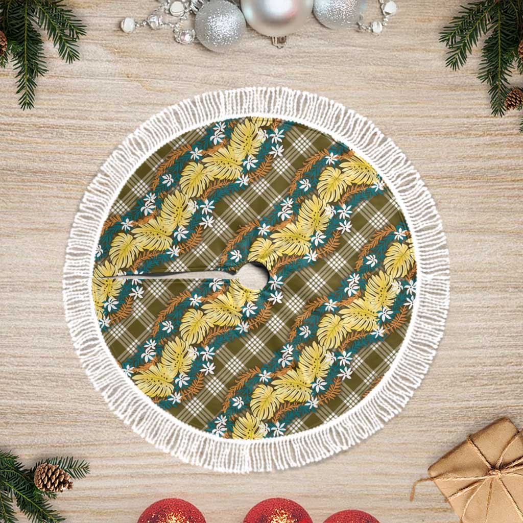 Polynesian Monstera Tiare Floral Tree Skirt Yellow Tropical Plaid - Polynesian Pride