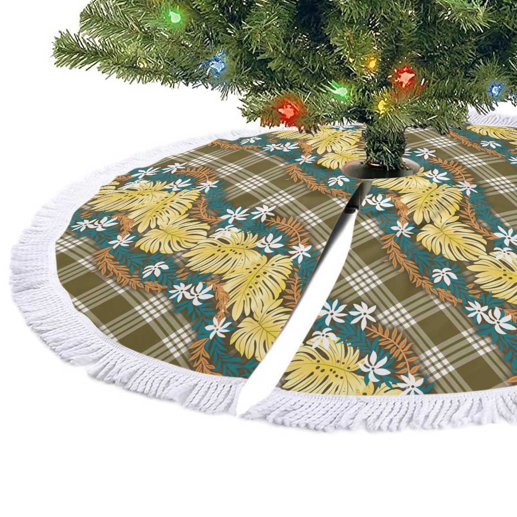Polynesian Monstera Tiare Floral Tree Skirt Yellow Tropical Plaid - Polynesian Pride
