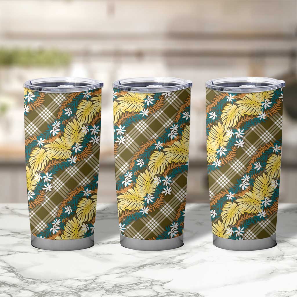 Polynesian Monstera Tiare Floral Tumbler Cup Yellow Tropical Plaid - Polynesian Pride
