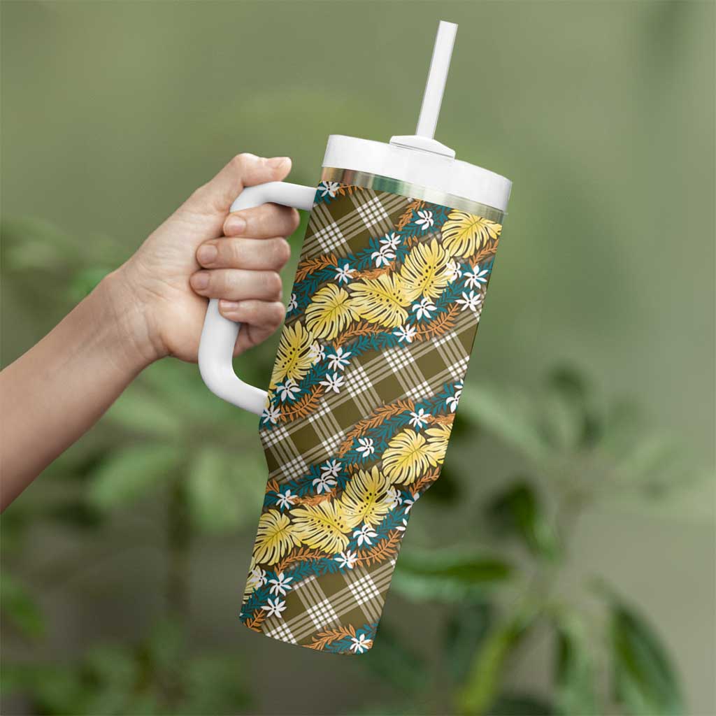Polynesian Monstera Tiare Floral Tumbler With Handle Yellow Tropical Plaid - Polynesian Pride