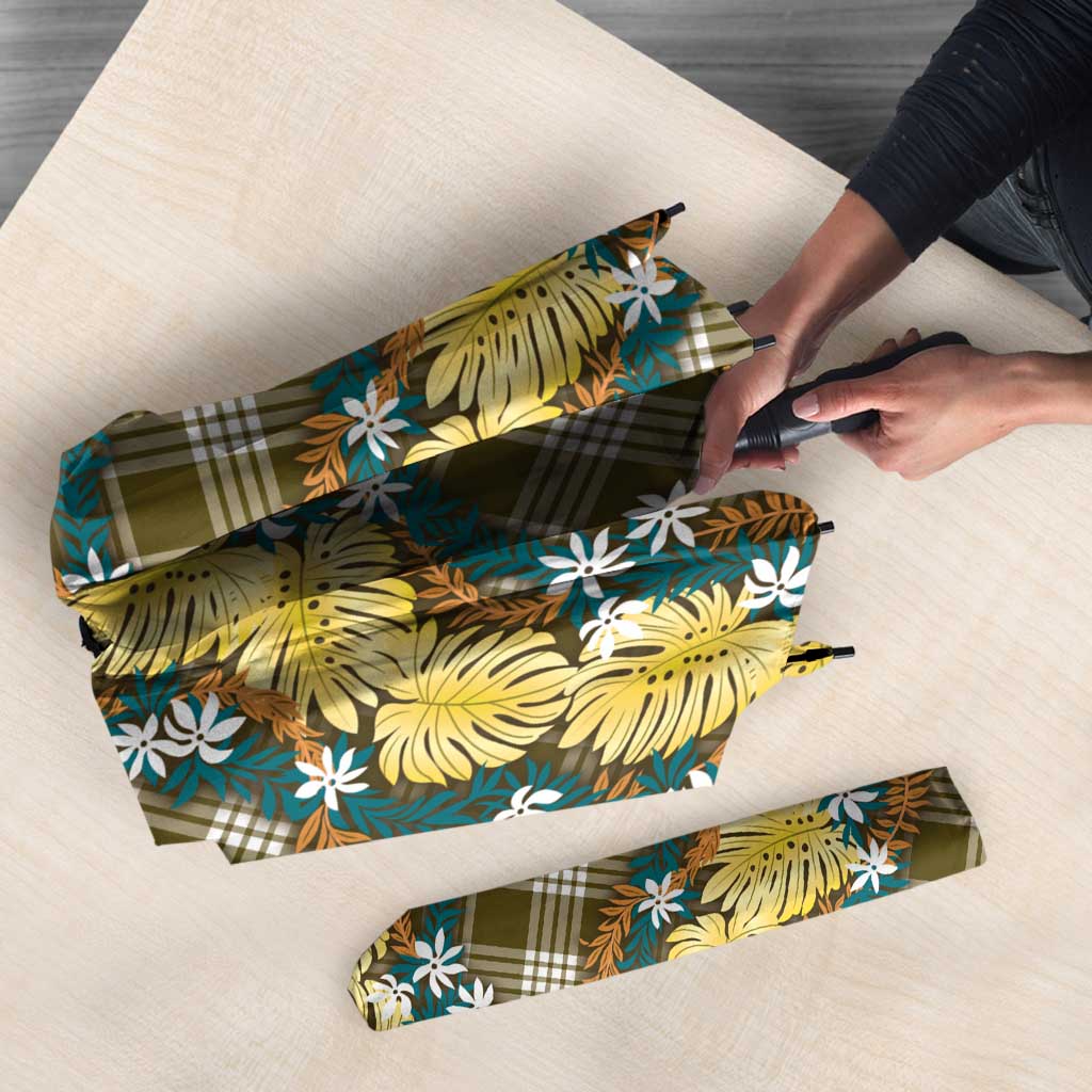 Polynesian Monstera Tiare Floral Umbrella Yellow Tropical Plaid - Polynesian Pride