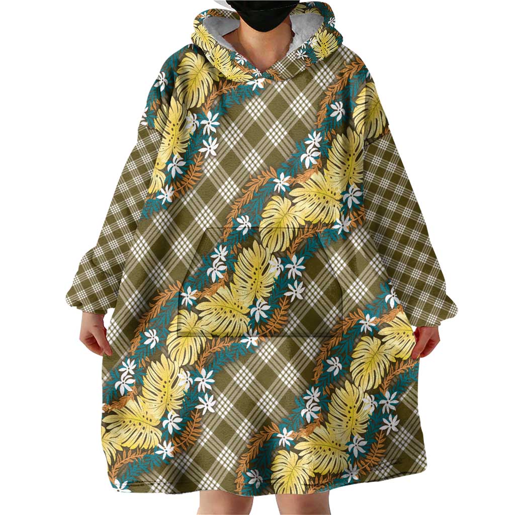 Polynesian Monstera Tiare Floral Wearable Blanket Hoodie Yellow Tropical Plaid - Polynesian Pride