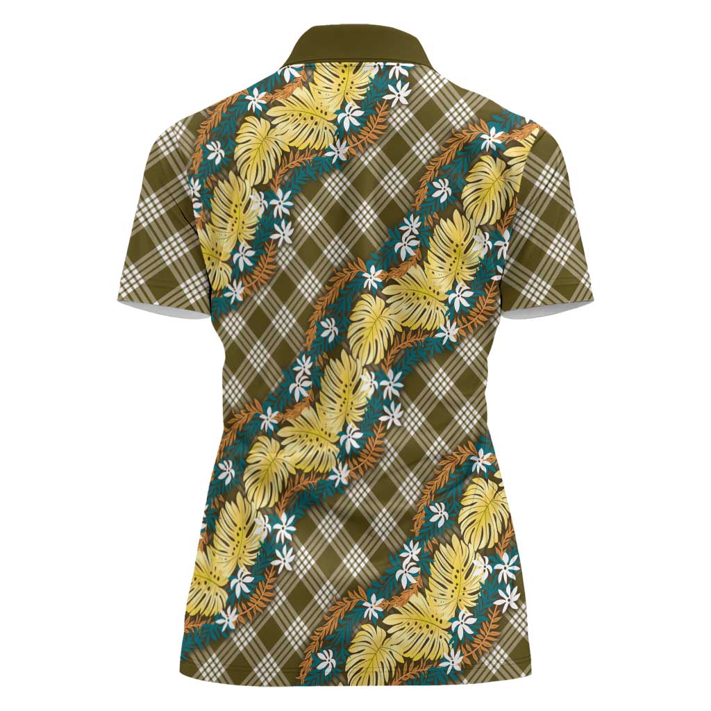 Polynesian Monstera Tiare Floral Women Polo Shirt Yellow Tropical Plaid - Polynesian Pride